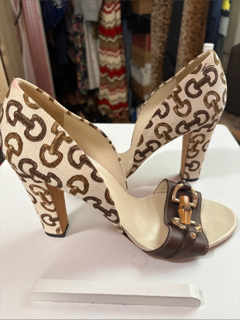 Gucci Beige Canvas and Brown Leather Bamboo-Accent Heels - Picture 3 of 11